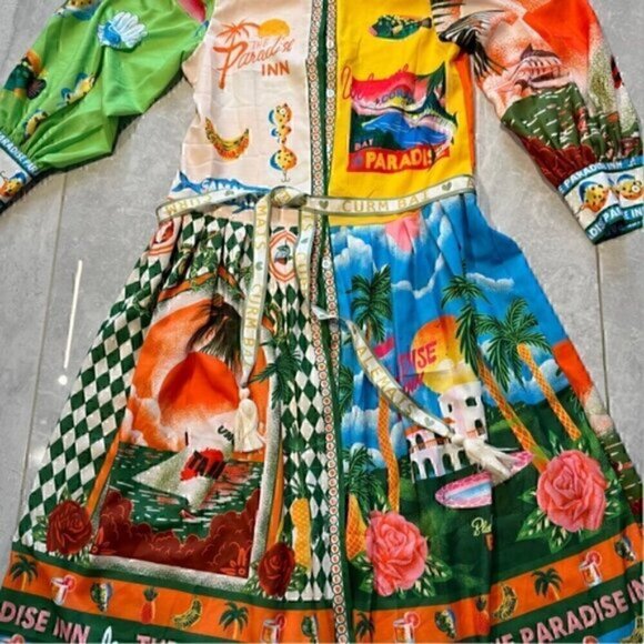 Paradise Colorful Button Down Belted Maxi Collared Shirt Midi Dress 2XL - Picture 8 of 10